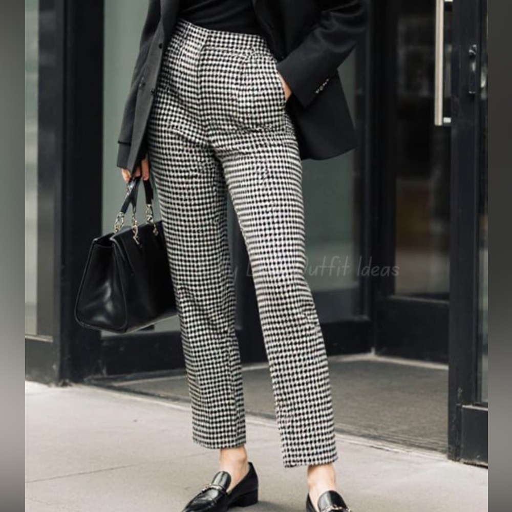 Forever 21 Black White Checkered Gingham High Rise Pleated Tapered Dress Pants L